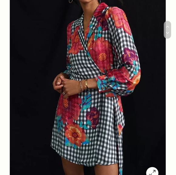 ❗SOLD❗Farm Rio | Gingham Floral Long Sleeve Collared Wrap Dress - Picture 4 of 16